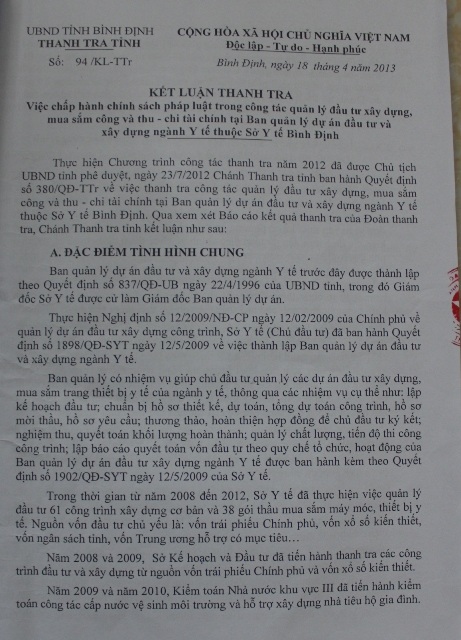 Kết luận thanh tra về những sai phạm tại Sở Y tế Bình Định