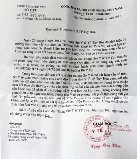 Khẩn trương làm rõ trách nhiệm từng cá nhân liên quan vụ tiêm vắc xin “hết đát” - 1 Công văn chỉ đạo của Sở Y tế Phú Yên chỉ đạo khẩn trường làm rõ trách nhiệm từng cá nhân liên quan