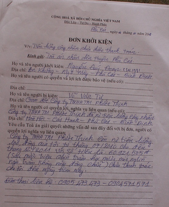 Đơn khởi kiện của công nhân gửi TAND huyện Phù Cát