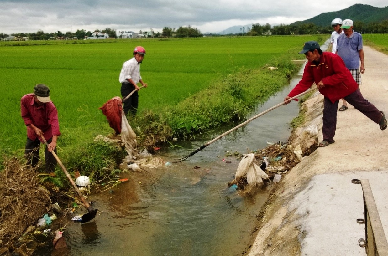 Gia cầm chết hàng loạt nghi do dịch cúm - 1 Lực lượng chức năng vớt gà chết trên các kênh mương thủy lợi trên địa bàn huyện Tuy Phước