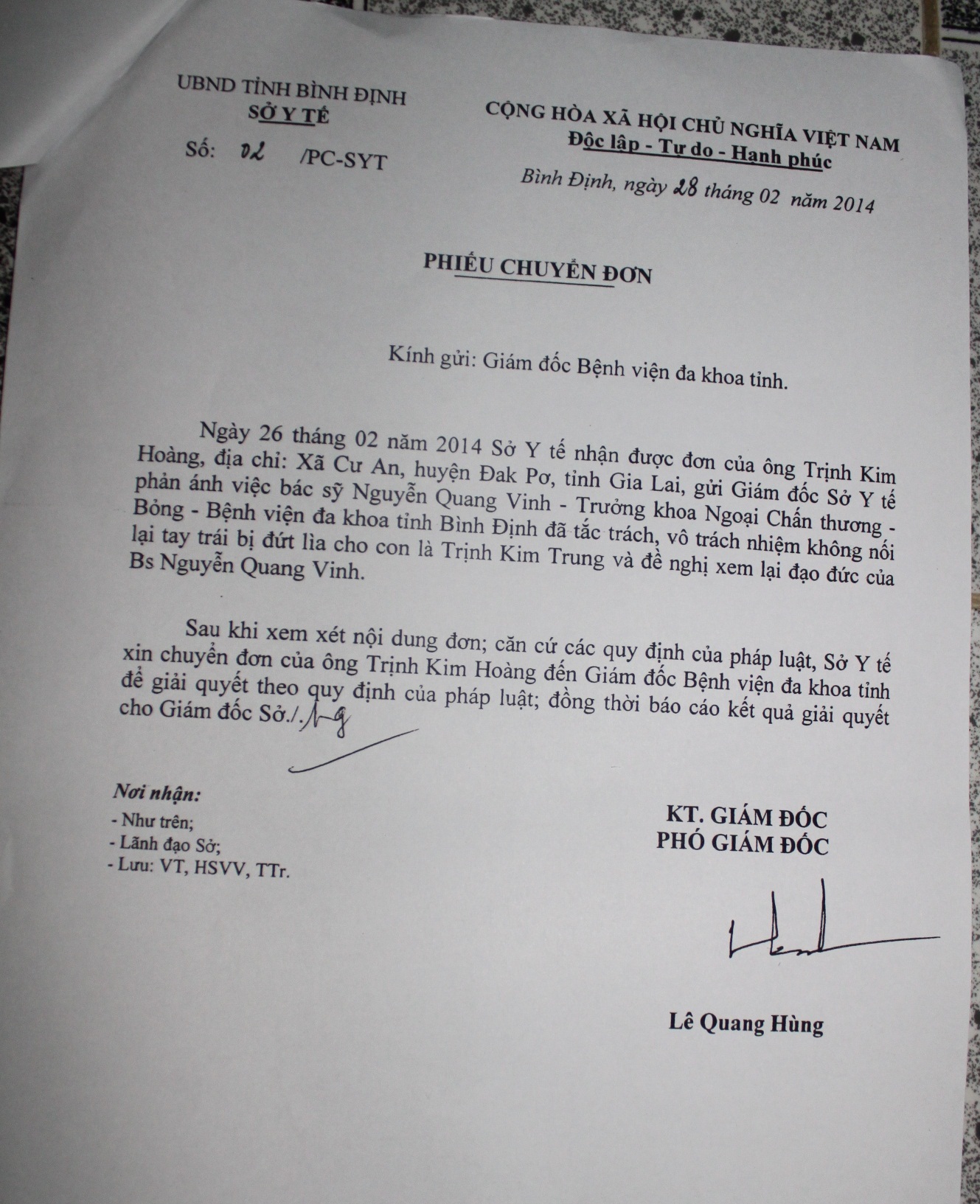 Sở Y tế Bình Định nhân được đơn của bệnh nhân phản ánh BS Vinh tắc trách, vô trách nhiệm