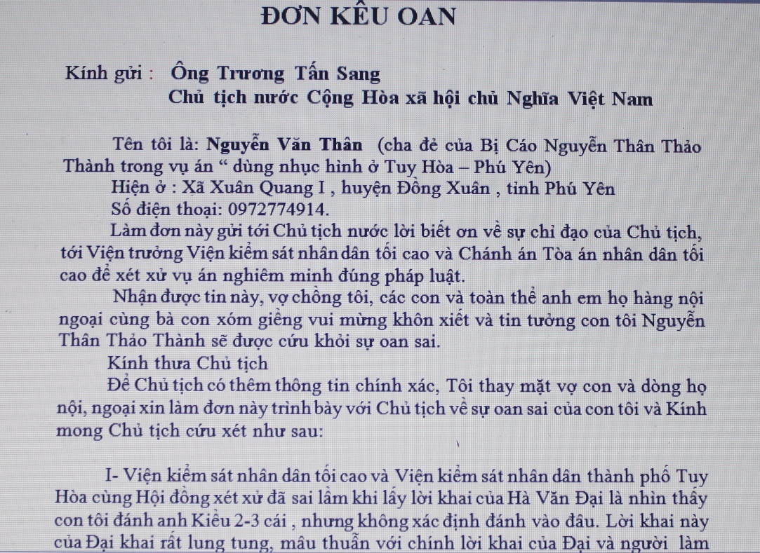 Đơn kêu oan của ông Thân (cha ruột bị cáo Thành) gửi lên Chủ tịch nước