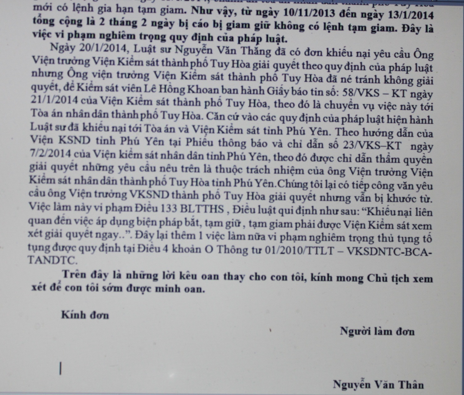 Đơn kêu oan của ông Thân (cha ruột bị cáo Thành) gửi lên Chủ tịch nước
