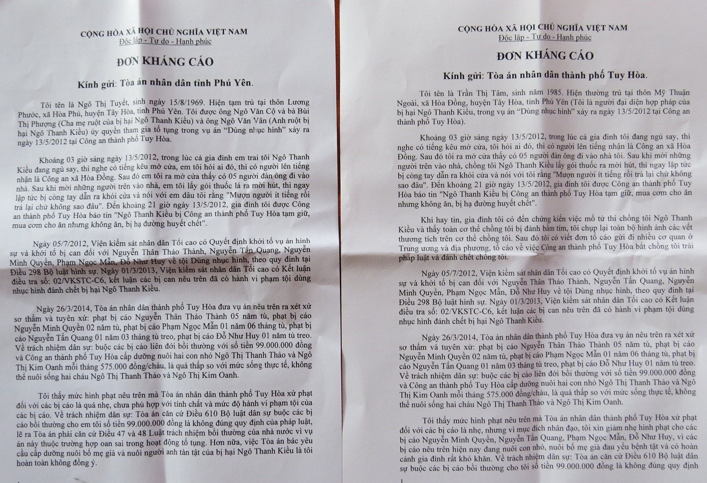 Đơn kháng cáo của bà Tuyết, bà Tâm
