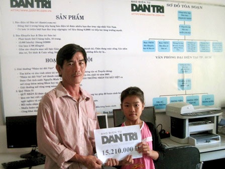 Bé Trần Thị Huỳnh Thương cùng cha đến báo Dân trí nhận quà nhân ái