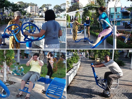 Các máy tập rất đa dạng: tập quay tay, đạp chân, gập bụng, xoay eo, đu xà...