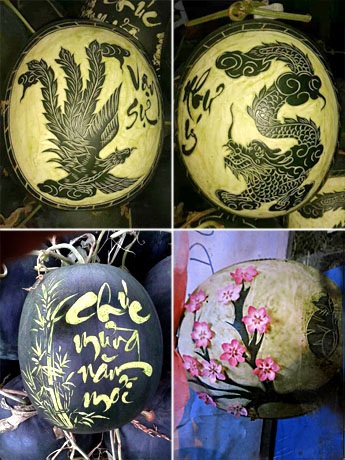 Hình ảnh được khắc lên dưa rất phong phú, mang đậm bản sắc tết cổ truyền