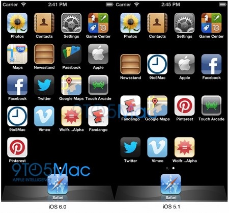 Màn hình iOS 6 Beta (trái) có 5 hàng biểu tượng, thay vì chỉ 4 hàng như iOS 5.1 (phải)