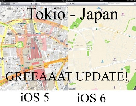 Đường phố ở Tokyo trên bản đồ ở iOS 5 (trái) và bản đồ trên iOS 6 (phải)