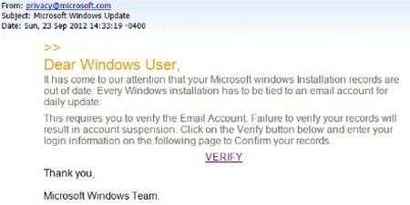 Cảnh báo email mạo danh Microsoft đánh cắp mật khẩu người dùng - 1 Nội dung bức email lừa đảo với địa chỉ gửi đến từ email của Microsoft