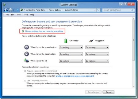 Khôi phục chế độ "ngủ đông" trên Windows 8 để khởi động nhanh hơn - 3 - Tiếp theo, nhấn vào mục ‘Change settings that are currently unavailable’ ở bên trên.