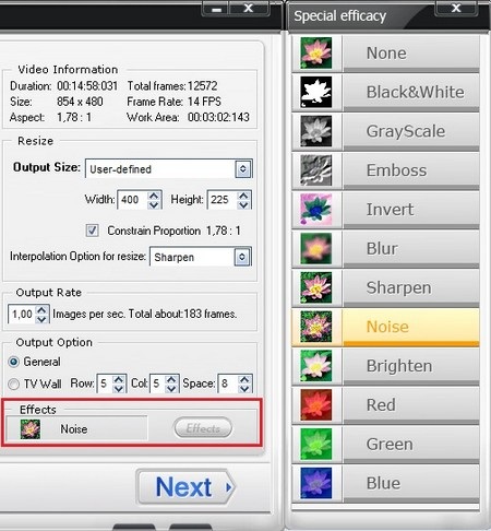 Bảng bên phải cho phép bạn thiết lập thông số của ảnh động sau khi trích xuất từ đoạn video.