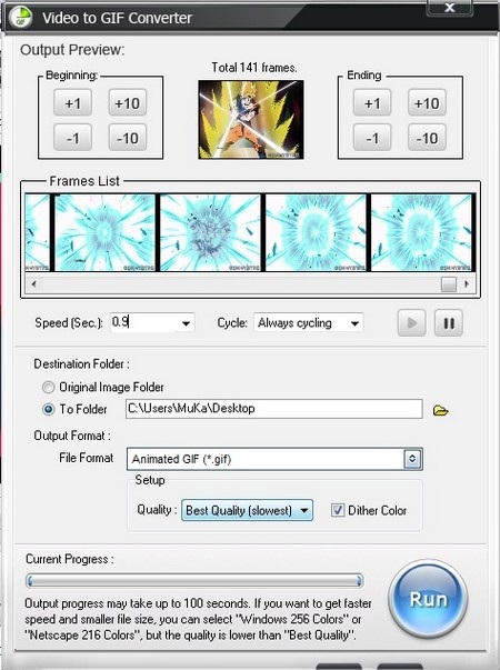 Cuối cùng nhấn Run để chờ phần mềm xử lý và trích xuất file ảnh động.