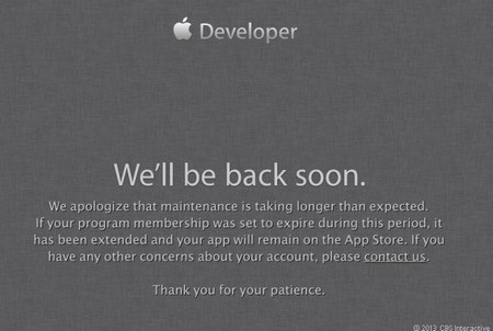 Trang web Apple bị hacker “ghé thăm” khiến các nhà phát triển ứng dụng “lao đao” - 1 Thông báo lỗi hiện ra khi trang web dành cho các nhà phát triển của Apple không thể truy cập được