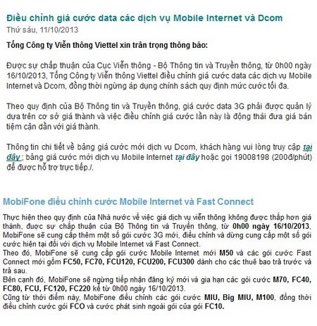 Thông báo điều chỉnh cước 3G được đăng tải trên trang chủ của Viettel và Mobifone