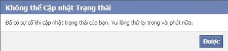 Hộp thoại thông báo lỗi xảy ra khi cập nhật trạng thái trên Facebook vào tối qua