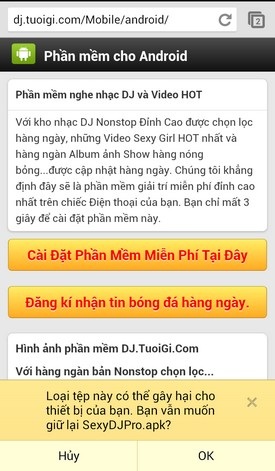 Cảnh báo hành vi lừa tiền người dùng từ ứng dụng trên smartphone - 1 Hộp thoại yêu cầu download và cài đặt ứng dụng khi truy cập trang web