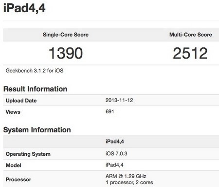 iPad mini Retina cho hiệu suất tương đương iPhone 5S, thấp hơn iPad Air - 1 Điểm xử lý của iPad mini Retina trong các bài kiểm tra của Geekbench