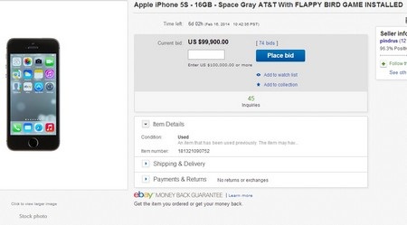 eBay cấm bán smartphone và tablet cài sẵn Flappy Bird - 1 Chiếc iPhone 5S có cài đặt sẵn Flappy Bird đạt mức giá 99.000USD sau 74 lần ra giá