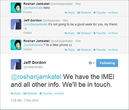 Đoạn hội thoại trên Twitter của Jeff Goron và Roshan Jamkatel, với lời cảnh báo giành cho Jamkatel