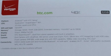 Lộ ảnh mở hộp của HTC M8 trước giờ sản phẩm ra mắt - 2 Cấu hình chi tiết in ở mặt sau của hộp đựng