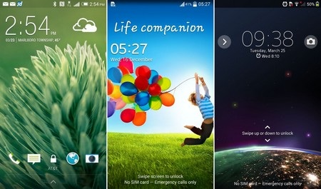 Đặt HTC One M8 lên “bàn cân” với loạt smartphone đình đám - 2 Màn hình khóa của HTC One M8 (trái), Galaxy S4, và Xperia Z2 (phải)