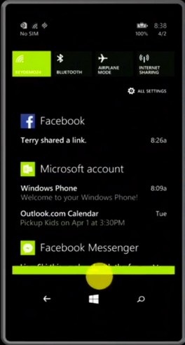Giao diện Action Center trên Windows Phone 8.1