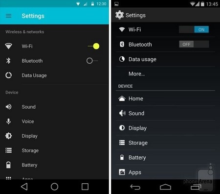 Chùm ảnh so sánh sự khác biệt giữa Android L với 4.4 KitKat - 1 Mục tùy chọn trên Android L (trái) và Android 4.4 KitKat