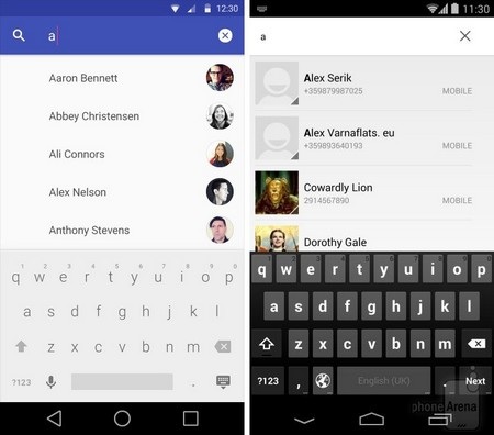 Chùm ảnh so sánh sự khác biệt giữa Android L với 4.4 KitKat - 3 Mục Danh sách liên lạc trên Android L được thiết kế với phong cách đơn giản và sáng sủa hơn