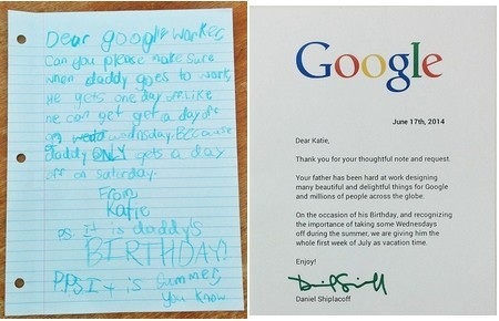 Google và lá thư dễ thương của một bé gái - 1 Bức thư với nét chữ nguệch ngoạc của Katie (trái) và phản hồi chính thức từ phía Google