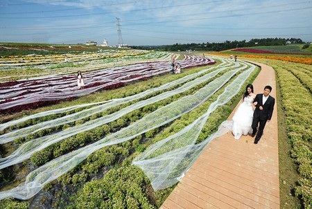 Cô dâu mặc váy cưới dài 4,8 km - 1 Cô dâu Jing Mei và chú rể Ye Yian cùng chiếc váy cưới đặc biệt