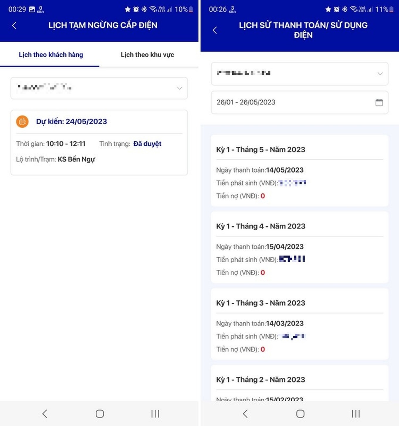 Ứng dụng của công ty điện lực không chỉ cập nhật thông báo về lịch cắt điện (trái) mà còn có thông tin về tiền điện sử dụng hàng tháng (phải) (Ảnh chụp màn hình). Ứng dụng của công ty điện lực không chỉ cập nhật thông báo về lịch cắt điện (trái) mà còn có thông tin về tiền điện sử dụng hàng tháng (phải) (Ảnh chụp màn hình).