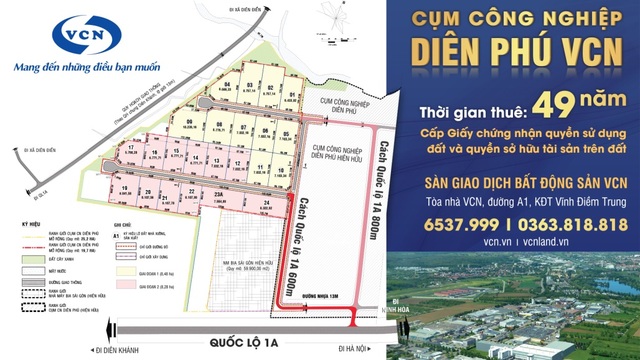 Cho thuê đất cụm công nghiệp Diên Phú VCN - 1 Hình ảnh bản đồ cụm công nghiệp Diên Phú VCN giai đoạn 1 và 2