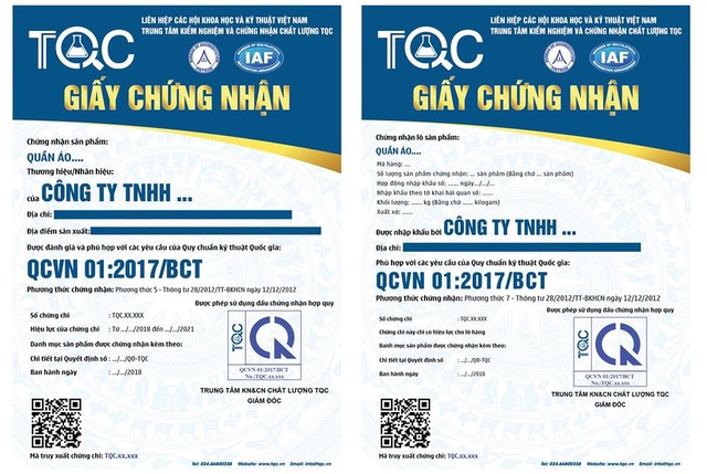 Trung tâm TQC – Đồng hành cùng ngành dệt may Việt Nam - 3 Mẫu giấy chứng nhận hợp quy sản phẩm may mặc, dệt may với hàng trong nước (trái) và lô hàng nhập khẩu (phải)