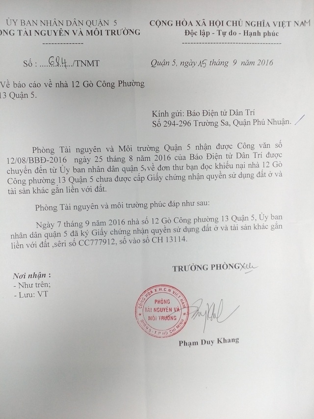 Nhận công văn của Báo Dân trí, UBND Quận 5 giải quyết quyền lợi cho người dân! - 1 Nhận công văn của Báo Dân trí, UBND Quận 5 giải quyết quyền lợi cho người dân! - 1