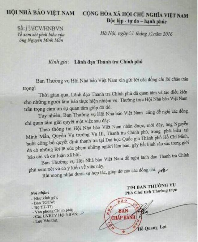 Đề nghị làm rõ phát ngôn "tẩy chay báo chí" của cán bộ Thanh tra Chính phủ - 2
Văn bản Hội Nhà báo Việt Nam gửi lãnh đạo Thanh tra Chính phủ về phát ngôn gây bất bình trong giới báo chí và dư luận xã hội của ông Nguyễn Minh Mẫn.