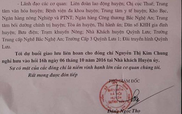Người đứng đầu ngành Bảo hiểm xã hội lên tiếng vụ giấy mời liên hoan có dấu đỏ - 2
Giấy mời của BHXH huyện Quỳnh Lưu về việc dự giao lưu tiệc chia tay giám đốc BHXH huyện.