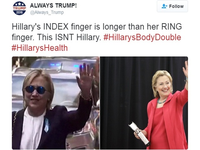 Nghi án mượn người đóng thế bà Clinton: Người trong cuộc lên tiếng - 2
Một tài khoản Twitter chỉ ra rằng ngón trỏ của bà Clinton dài hơn ngón đeo nhẫn - khác với người phụ nữ bước ra từ căn hộ của Chelsea. (Ảnh: Twitter)