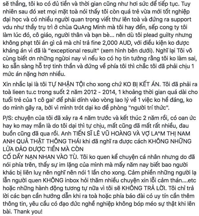 Thêm trường hợp tố vợ chồng quán quân Olympia 2005 chuyện tiền bạc? - 4
Ảnh chụp màn hình câu chuyện nữ du học sinh Q.Uyên tố từng là “nạn nhân” của vợ chồng Lê Vũ Hoàng trong diễn đàn cộng đồng du học sinh Việt tại Melbourne, Úc.