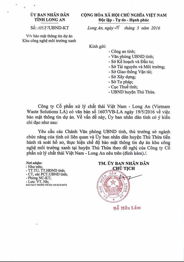 Bảo mật thông tin cho “vua rác” - 1
Văn bản bảo mật thông tin của UBND tỉnh Long An