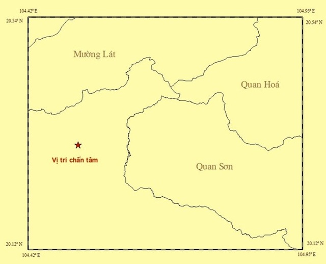 Động đất 3,9 độ Richter tại khu vực Thanh Hóa gần biên giới Việt-Lào - 1 Bản đồ chấn tâm trận động đất. (Nguồn ảnh: Viện Vật lý địa cầu)