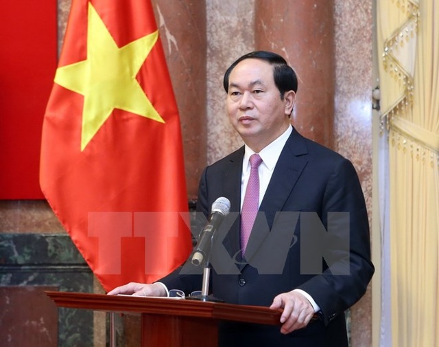 Chủ tịch nước gặp mặt đại biểu các thế hệ cán bộ Cục Tác chiến - 2 Chủ tịch nước Trần Đại Quang phát biểu tại buổi gặp mặt. (Ảnh: Nhan Sáng/TTXVN)