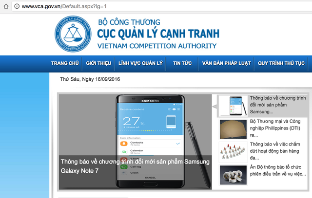 Cục Quản lý cạnh tranh khuyến cáo người dùng ngừng sử dụng Note7 ngay - 1
Bản tin về Note7 đăng trên trang chủ của website Cục Cạnh tranh.