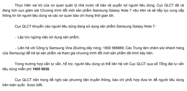 Cục Quản lý cạnh tranh khuyến cáo người dùng ngừng sử dụng Note7 ngay - 2
Khuyến cáo của Cục Quản lý cạnh tranh đăng tải trên website của Cục.