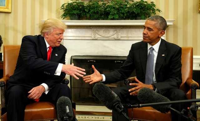 Ông Obama và Trump bàn chuyển giao quyền lực - 1
Tổng thống Mỹ Barack Obama tiếp người kế nhiệm Donald Trump tại Nhà Trắng. (Ảnh: Reuters)