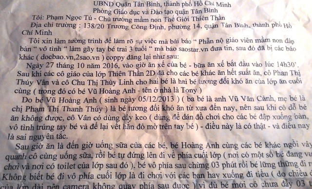 Bé trai gãy tay tại trường mầm non: Tường trình của nhà trường - 1 Biên bản tường trình về sự việc bé trai gãy tay của Trường mầm non Thế Giới Thiên Thần.
