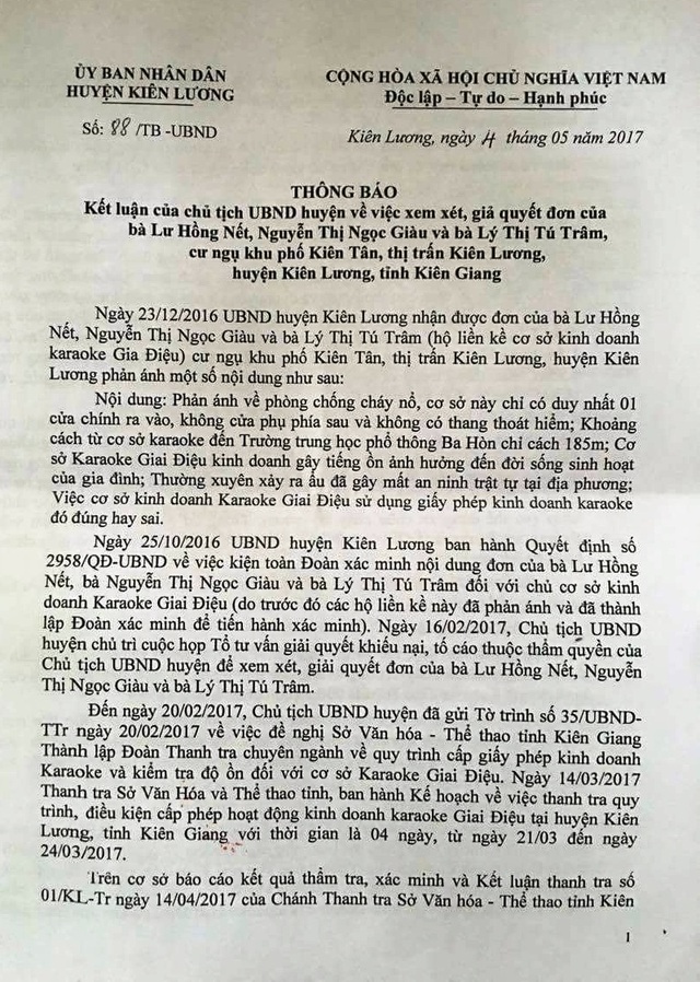 Rút giấy phép quán karaoke khiến cụ bà 93 tuổi bức xúc đến trụ sở huyện tá túc! - 1 Theo kết luận Thanh tra Sở Văn hóa, Thể thao Kiên GIang, quy trình cấp phép cho cơ sở karaoke Giai Điệu không đúng với quy định pháp luật