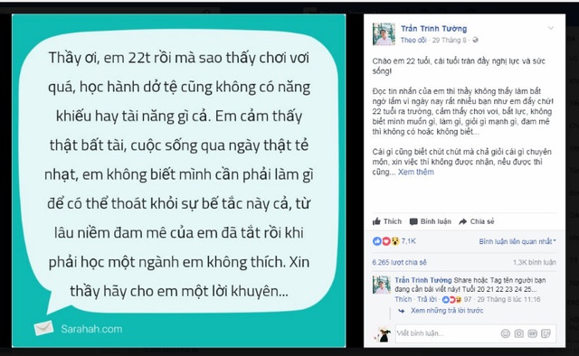 Thầy giáo trẻ truyền cảm hứng cho sinh viên "lạc lối" ở tuổi 22 - 1 Sinh viên gửi tin nhắn hỏi thầy Tường về những băn khoăn tuổi 22.