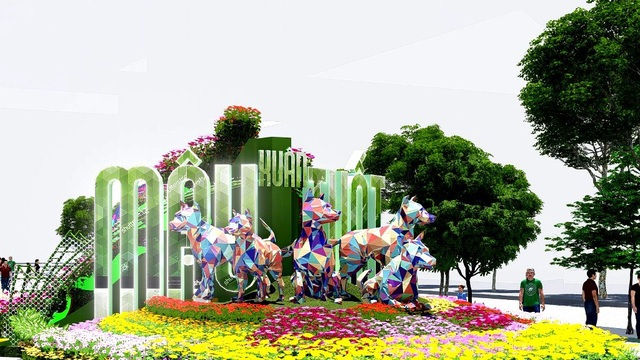 Chú chó Phú Quốc là linh vật của đường hoa Nguyễn Huệ - 1 Cổng chào đường hoa là phân đoạn đầu tiên - Mùa xuân thành phố - gồm ba cụm. Cách thể hiện này khác với những năm trước (chỉ thể hiện ở vị trí trung tâm) nên linh vật cũng nhiều hơn mọi năm