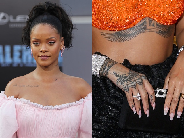 Rihanna có hình xăm nữ thần Isis của thần thoại Ai Cập nằm ngay dưới vòng 1. Hình xăm này được Rihanna thực hiện để nhớ về người bà quá cố của mình. Ngoài ra, cô còn có nhiều hình xăm khác, chẳng hạn như hình xăm trên bàn tay lấy cảm hứng từ hình xăm henna, trên lưng cô có hình xăm những ngôi sao, trên mắt cá chân có hình xăm cá mập…